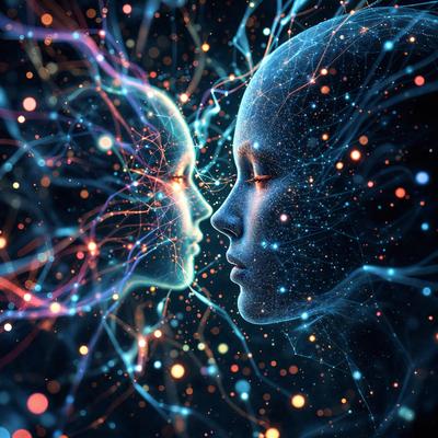 The primary subject of the image is a close-up of two faces, one on the left and one on the right, with their eyes closed. The setting is a space filled with brightly colored, swirling, and glowing neon lights, creating a vibrant and lively atmosphere. The visual style is a combination of digital art and illustration, with the faces appearing as if they are made of light. The colors and mood of the image are energetic, vivid, and captivating.